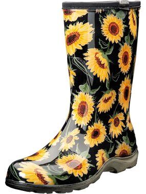 Women's Black and Yellow Waterproof Garden Rain Boots Rubber Cute Midcalf Boots